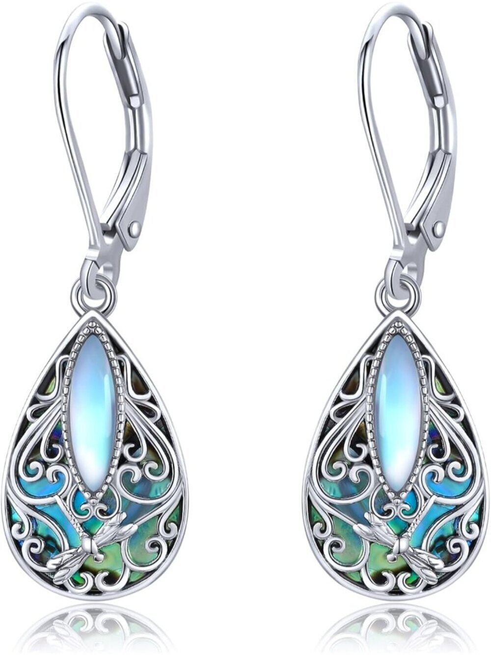 Women's Dragonfly Silver Teardrop Abalone Shell Drop Dragonfly Filigree Earrings